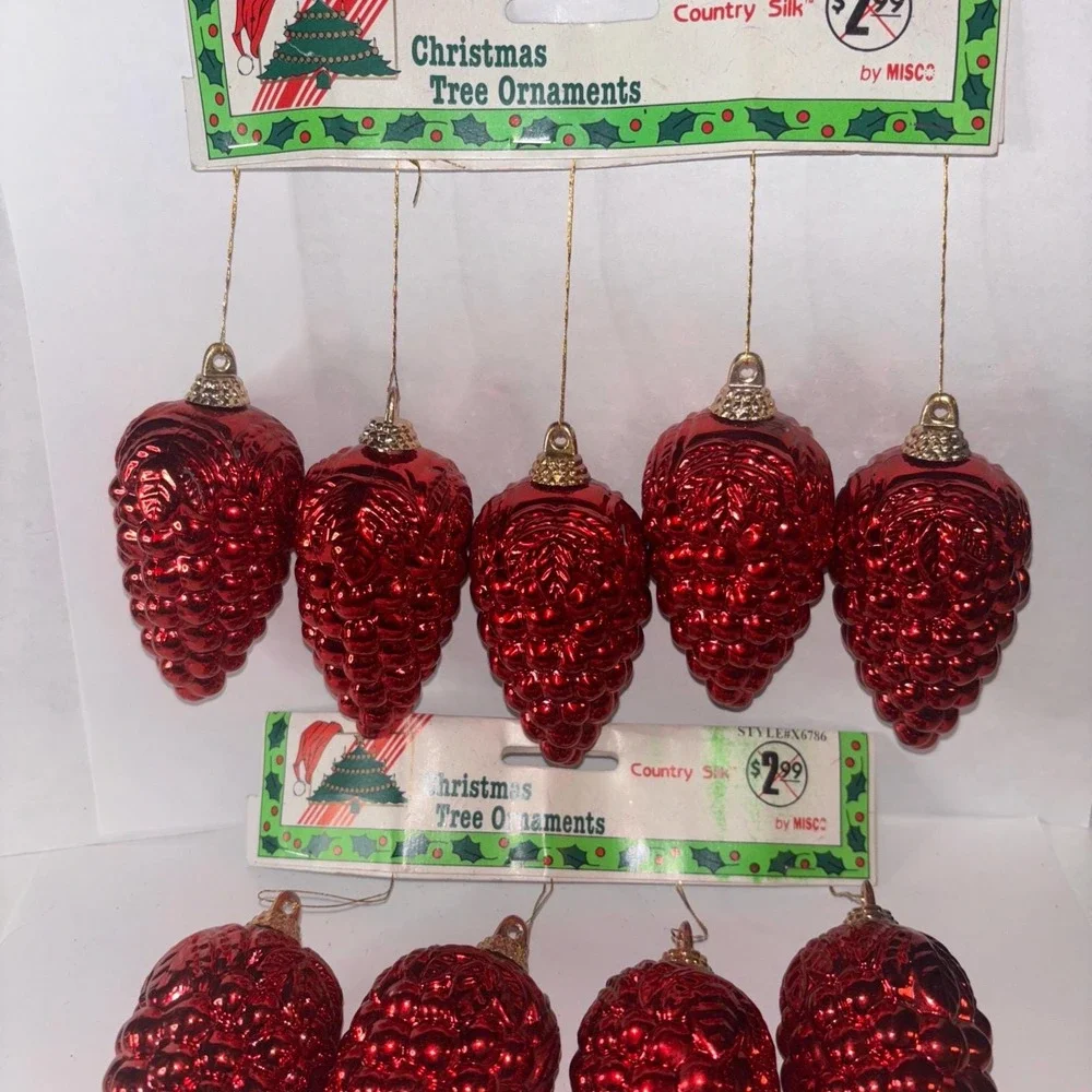 9 Vintage Red Plastic Pine Cone Christmas Tree Ornaments 3.5